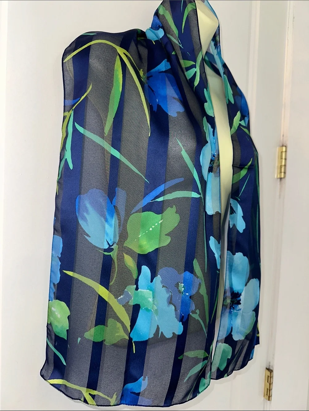 Vintage Semi Sheer Floral Blue & Green Long Silk‎ Feel Polyester Scarf